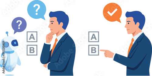 Man making a decision with the help of an AI chatbot asking questions and providing a correct answer