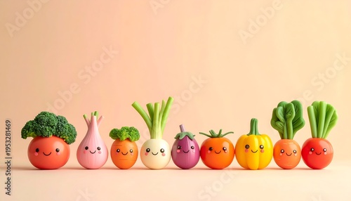 A row of colorful, smiling anthropomorphic vegetables against a soft peach backdrop