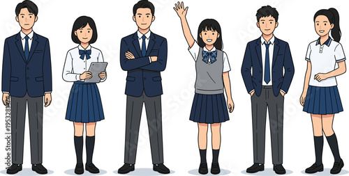 Diverse group of students in school uniforms representing various ages and genders, illustrating educational settings and youth development