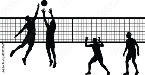 Silhouette of volleyball players jumping at net, competitive team sport action, outdoor game scene, athletic activity concept, black and white illustration