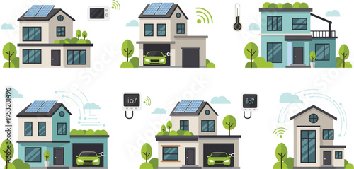 Eco friendly smart home vector set featuring houses with solar panels electric car charging stations and green energy technology