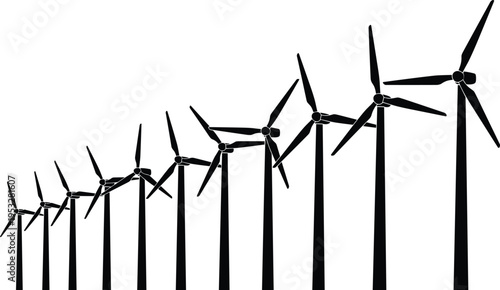 Silhouette of wind turbines increasing in size, renewable energy concept, sustainable power generation, green technology development, black and white illustration
