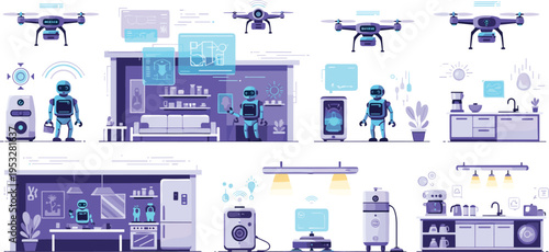 Smart home automation vector set with domestic robots drones for delivery and kitchen appliances in modern futuristic living rooms