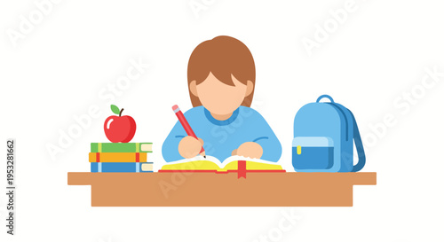 A student sits at a desk writing in a book, with a stack of books, a red apple, and a blue backpack, representing a focused learning environment.