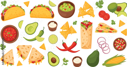 Large vector set of Mexican food icons featuring tacos burritos quesadillas nachos guacamole salsa and fresh ingredients like avocado