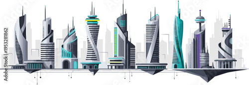Futuristic city skyline vector set featuring modern skyscrapers sci-fi buildings and floating urban architecture for technology and gaming