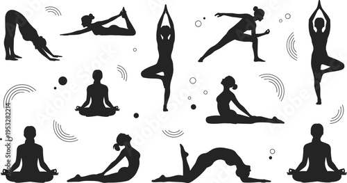 Black yoga silhouettes vector set featuring women in various poses like tree cobra lotus and downward dog for wellness