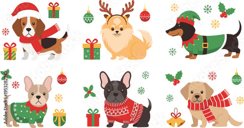 Set of cute flat vector dogs wearing Christmas costumes and winter clothes including Santa hats reindeer antlers and sweaters