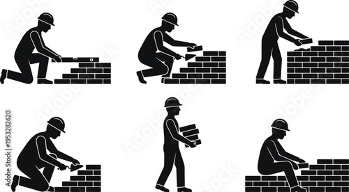 Bricklayer worker silhouettes building brick wall stages, masonry construction process, material handling and alignment, manual labor concept isolated on white background