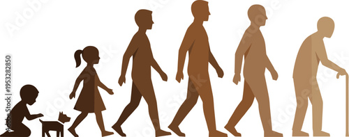 Silhouette of human life cycle from childhood to old age, aging process concept, growth stages illustration, lifespan development, black and white vector