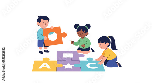 Three happy and diverse children are collaborating to assemble large, colorful jigsaw puzzle pieces on a plain white background.