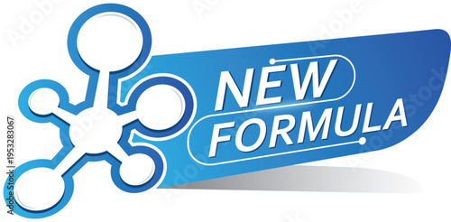 New formula - emblem for new product line. Blue sticker with molecular symbol. New innovative and improved formula product label packaging vector badge icon. 