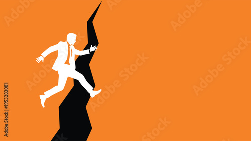 Businessman jumping over a deep black abyss, concept of risk and success