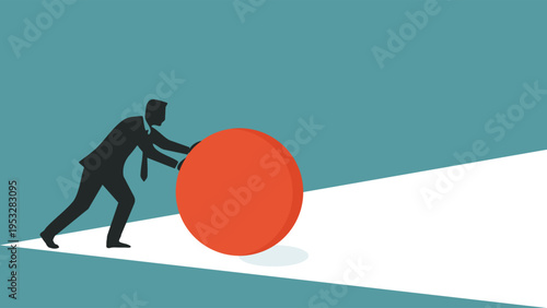 Businessman Pushing a Heavy Red Ball uphill