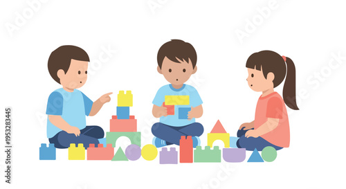 Three young children are sitting cross-legged on the floor, cooperatively playing with a set of colorful toy building blocks.