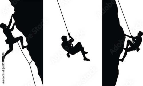 Silhouette of rock climber rappelling on cliff, mountaineering adventure scene, extreme sport activity, rope climbing technique, outdoor exploration, black and white illustration