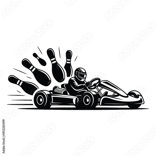 Go kart racing illustration knocking down bowling pins, dynamic motorsport action vector