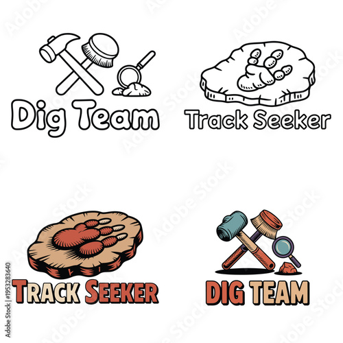 Archaeology and paleontology logo set featuring Dig Team and Track Seeker emblems.
