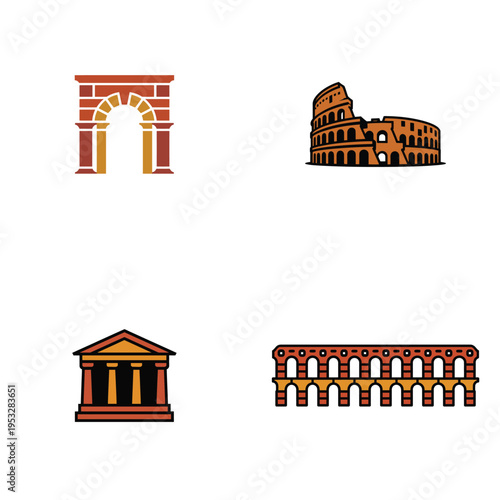 Ancient Roman architecture icons set with Colosseum arch temple and aqueduct landmarks