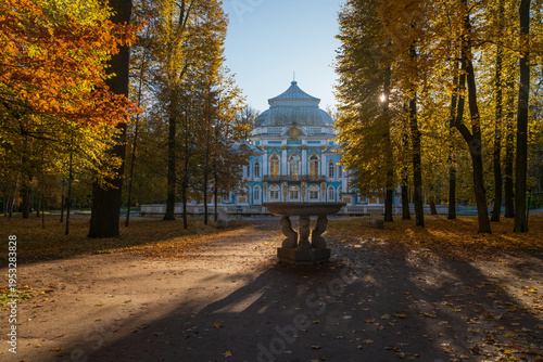 Hermitage pavilion in the Catherine Park of Tsarskoye Selo and the bowl with chimeras in the foreground on a sunny summer day, Pushkin, St. Petersburg, Russia