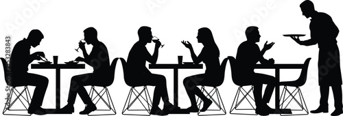 Silhouette of people dining in restaurant with waiter serving food, social interaction scene, modern cafe atmosphere, hospitality service concept illustration