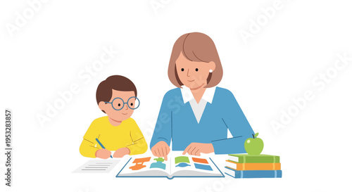A woman in a blue sweater teaches a young boy with glasses, pointing at an open book with colorful shapes while he writes on a paper.