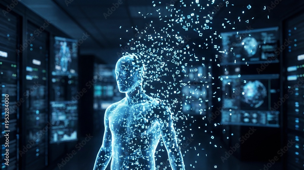 Fototapeta premium Woman experiencing augmented reality concept. Futuristic holographic figure surrounded by digital data streams.