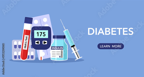 Diabetes disease banner with glucose meter, injection tube, medicines and blood test sample vector illustration.