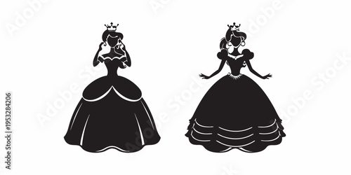Elegant silhouettes of two princesses in ornate gowns and tiaras
