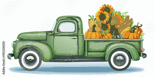 Vintage green truck overflowing with autumn pumpkins and bright sunflowers