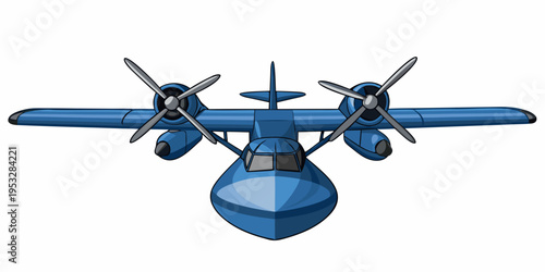 Blue twin engine seaplane illustration viewed directly from above