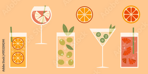 Colorful cocktail illustrations with citrus fruit and vibrant glassware