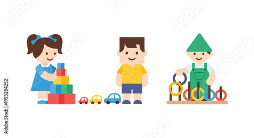 Three children are joyfully playing with different colorful toys, including blocks, toy cars, and a ring toss set on a plain white background.