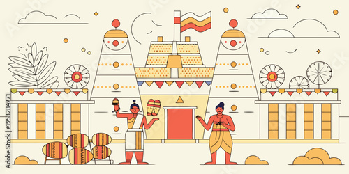 Festive illustration of a colorful indian temple with traditional musicians