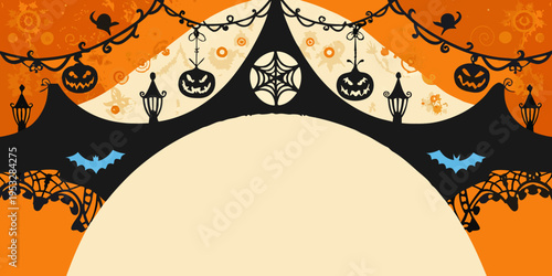 A spooky halloween scene with a decorated archway and eerie details