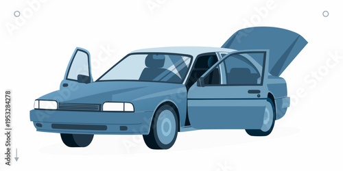 Blue sedan car with its trunk and driver s side door open