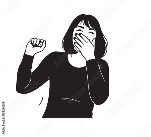 An illustrative depiction of a joyful woman caught in a moment of genuine laughter, her hand gracefully covering her mouth, reflecting pure amusement and a cheerful, happy expression