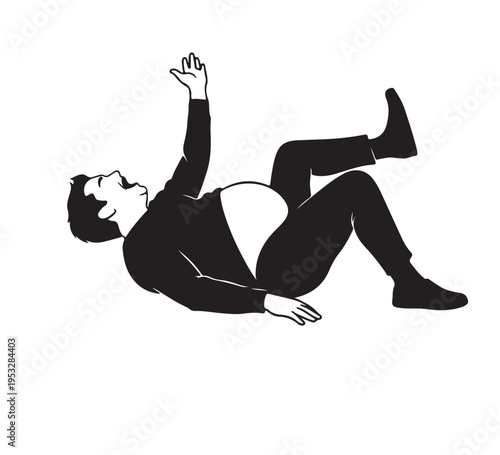 Cartoon of a man with a large belly falling on his back, arms and legs outstretched, with his head turned to the side in surprise or pain