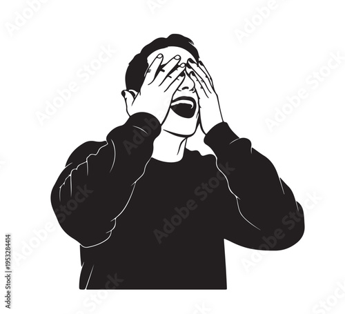 Monochrome illustration of a person experiencing profound emotion, hands covering their face, conveying despair, shock, or uncontrollable laughter
