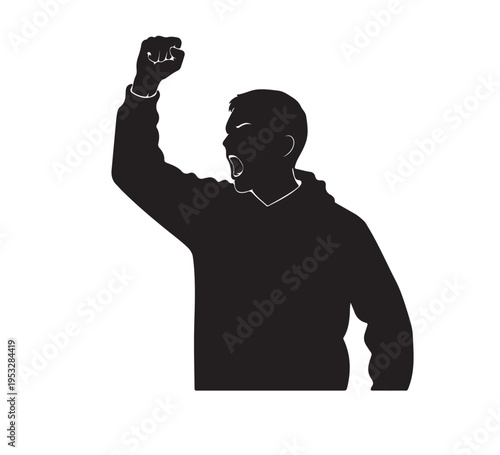 Dynamic silhouette illustration of a passionate individual raising a defiant fist, embodying the spirit of protest, rebellion, and vocal advocacy for social justice and significant change