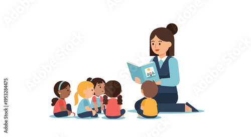 In this vector illustration, a teacher sits on the floor while reading an illustrated book to five young, diverse children in a classroom setting.