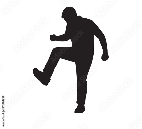Dynamic black silhouette illustration of a person captured in vigorous motion, showcasing a powerful step or energetic high kick. This graphic artwork conveys determination and forward progress