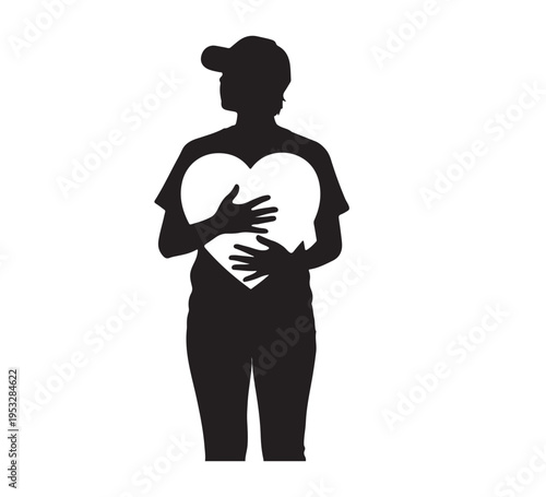 Powerful silhouette illustration of a person embracing a large heart, symbolizing profound empathy, compassionate support, and a commitment to emotional well-being and heartfelt care