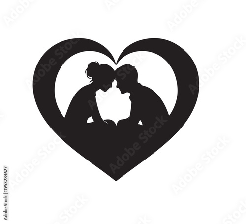 Captivating black silhouette of a loving couple, a man and a woman, deeply connected within a graceful heart shape, symbolizing enduring romance, affection, and unity