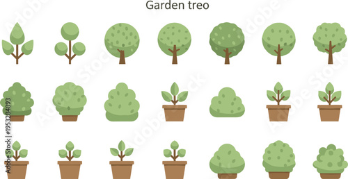 Garden Tree and Potted Plant Icon Set Featuring Various Tree Shapes and Greenery Designs