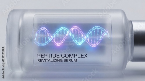 Gold molecule with peptide collagen background concept. Revitalizing serum with peptide complex in sleek glass bottle.