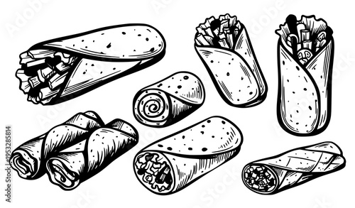Hand drawn rolled food icons with burritos wraps and spring rolls expressive vector illustration set