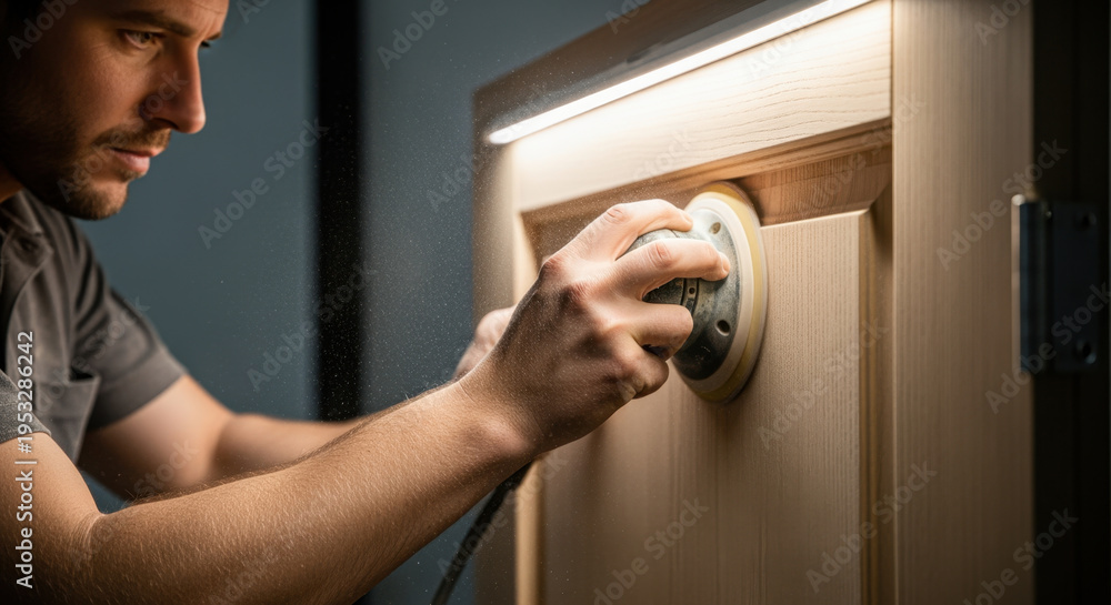 Naklejka premium Focused Man Sanding Wooden Cabinet with Power Tool in Workshop