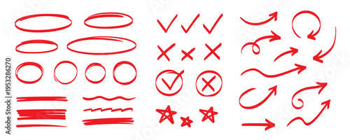 Line marker highlight, arrow, check mark red set. Line red marker hand drawn pen brush stroke underline check. Star oval sticker sign note scribble emphasis icon element. Vector illustration