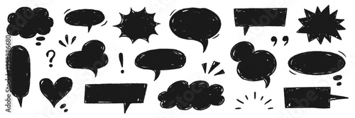 Doodle speech bubble set. Speech bubble doodle crayon hand drawn text cloud chalk box frame background. Comic balloon chat sketch with pastel pattern texture decoration. Vector illustration